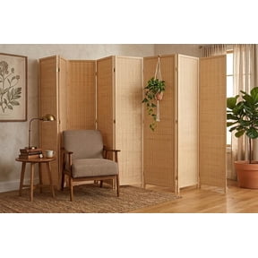 Legacy Decor Room Divider Modern 8 Panel Wood and Bamboo Weave Freestanding Natural 71 Tall