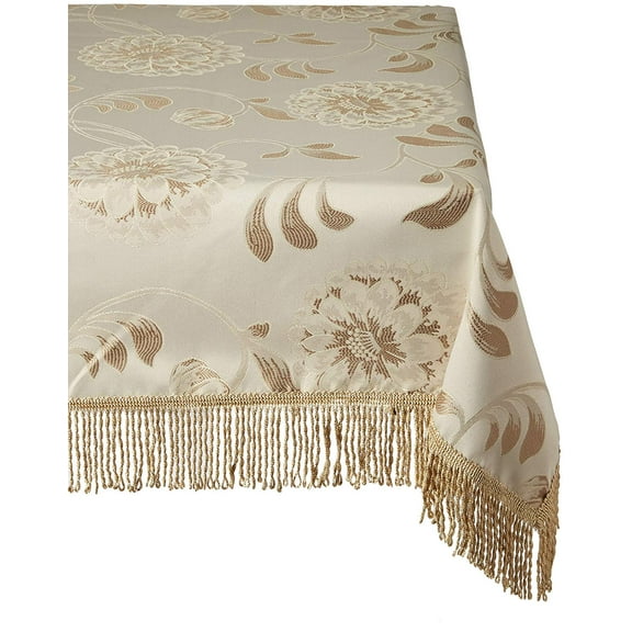 Legacy Floral Damask Design Fringes Tablecloth Beige 54" by 72" Oblong / Rectangle