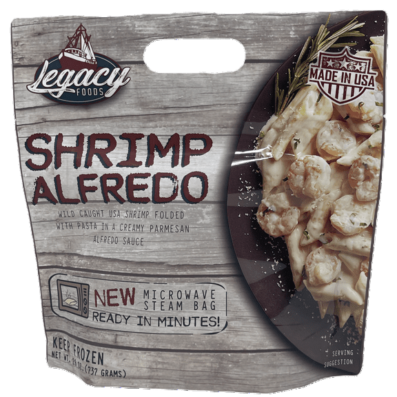 Legacy Foods, Frozen Shrimp Alfredo Steam Bag, Contains: Milk, Shellfish, Wheat, 21oz