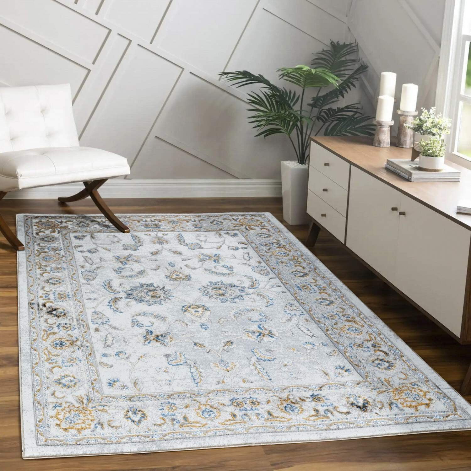 Legacy White and Blue Floral Polyester Area Rug 5'3" x 7'