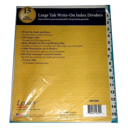 Legacy, Large Tab Write-On Index Dividers, 8.5" x 11", 1-15, 15 Tabbed Dividers