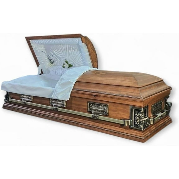 Legacy Pieta Casket, Walnut Finish, White Satin Interior, 28 x 80 x 23 inches