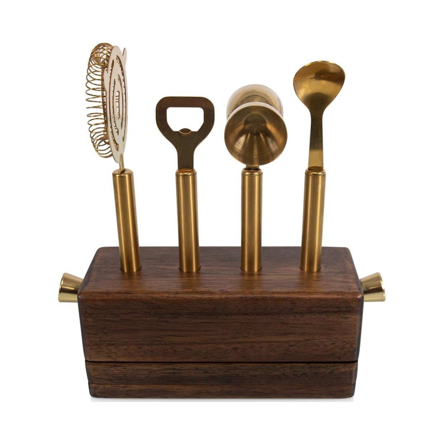 Acacia Wood and Brass 5-Piece Bar Tool Set with Strainer and Jigger