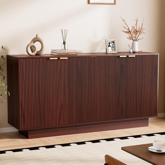 LegacyAmerhome 63'' Large Fluted Sideboard Buffet Cabinet, Modern Entertainment Center with Storage, Console Table Wine Bar Storage Cabinet with 4 Doors for Dining Room, Kitchen(Walnut)