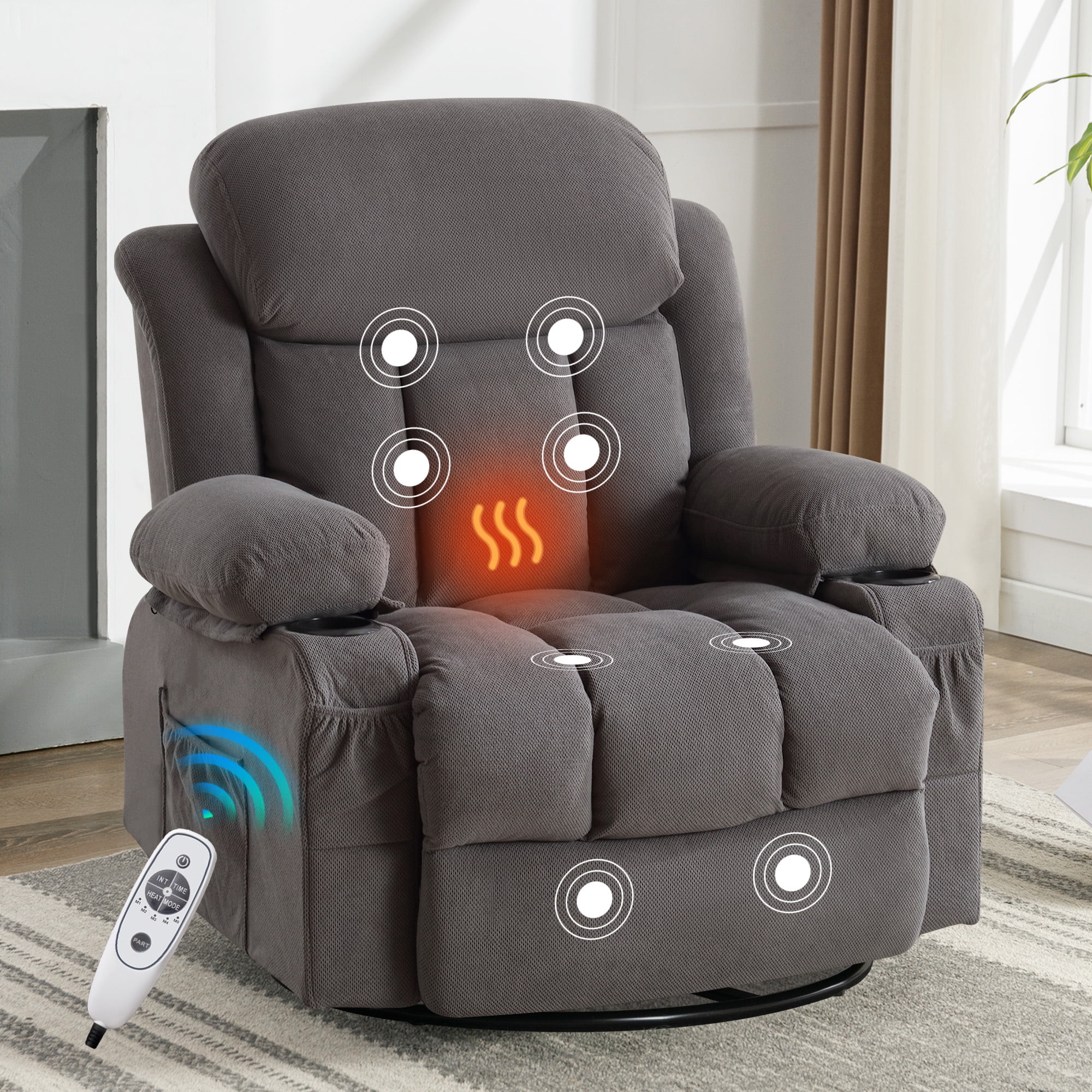Swivel Rocker Recliner for Adults, LEGAHOME 24.4in Glider Rocking Chair for Nursery, Manual Rocking Chair with Massage and Heat for Adults, Living Room Massage Recliner Sofa with Cup Holder, Gray