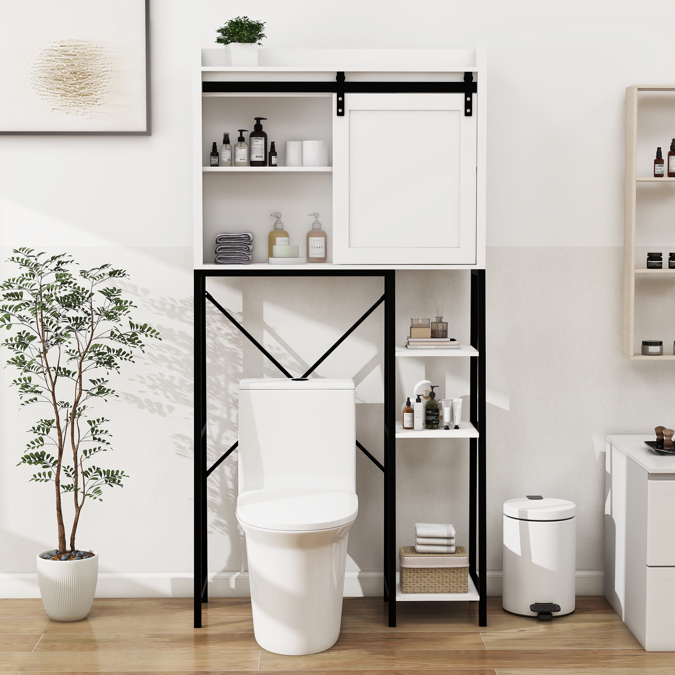 PAPROOS Over the Toilet Storage Cabinet, Bathroom Space Saver Organizer above Toilet with Adjustable Shelf and Side Storage Rack, White+Black