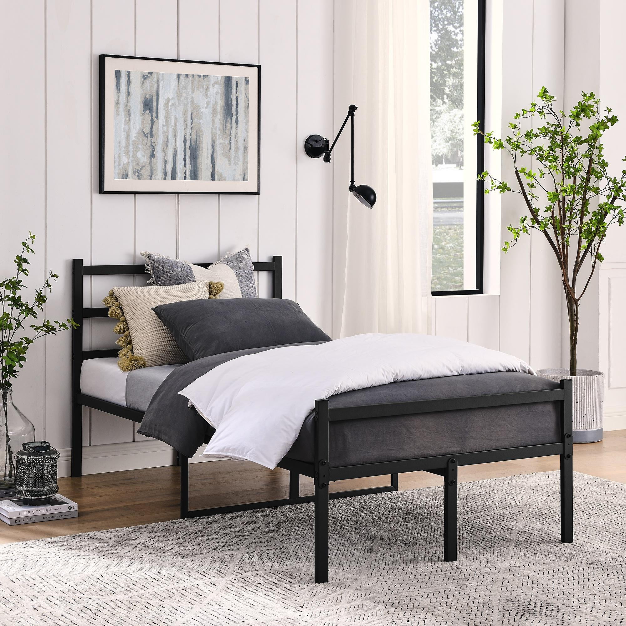 Legahome Black Twin Bed Frame with Headboard Modern Metal Twin Platform Bed Frame for Kids Adults Heavy Duty Twin Size Bed Frame No Box Spring