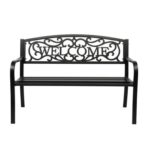 Legahome Metal Outdoor Bench, 50" Iron Patio Loveseat Bench Waterproof Garden Bench, Leisure Sofa Chair Front Porch Bench, Heavy-Duty Park Seating with Vintage Iron Art Backrest, Backyard Deco, Black
