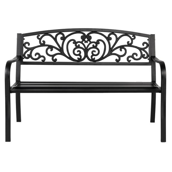Legahome Metal Outdoor Bench, 50" Iron Patio Loveseat Bench Waterproof Garden Bench, Leisure Sofa Chair Front Porch Bench, Heavy-Duty Park Seating with Vintage Iron Art Backrest, Backyard Deco, Black