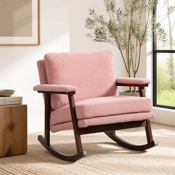 Legahome Nursery Rocking Chair, Teddy Upholstered Rocking Accent Chair with 23.6"Extra Wide Seat, Thick Cushion and Solid Wood Frame, Modern Accent Glider Rocker for Living Room, Reading Room, Pink