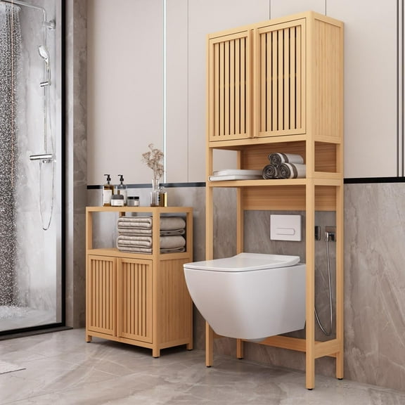 PAPROOS Over the Toilet Storage Cabinet, Bathroom Space Saver Organizer above Toilet with 1 Open Shelf and 2 Louvered Doors, Neutral