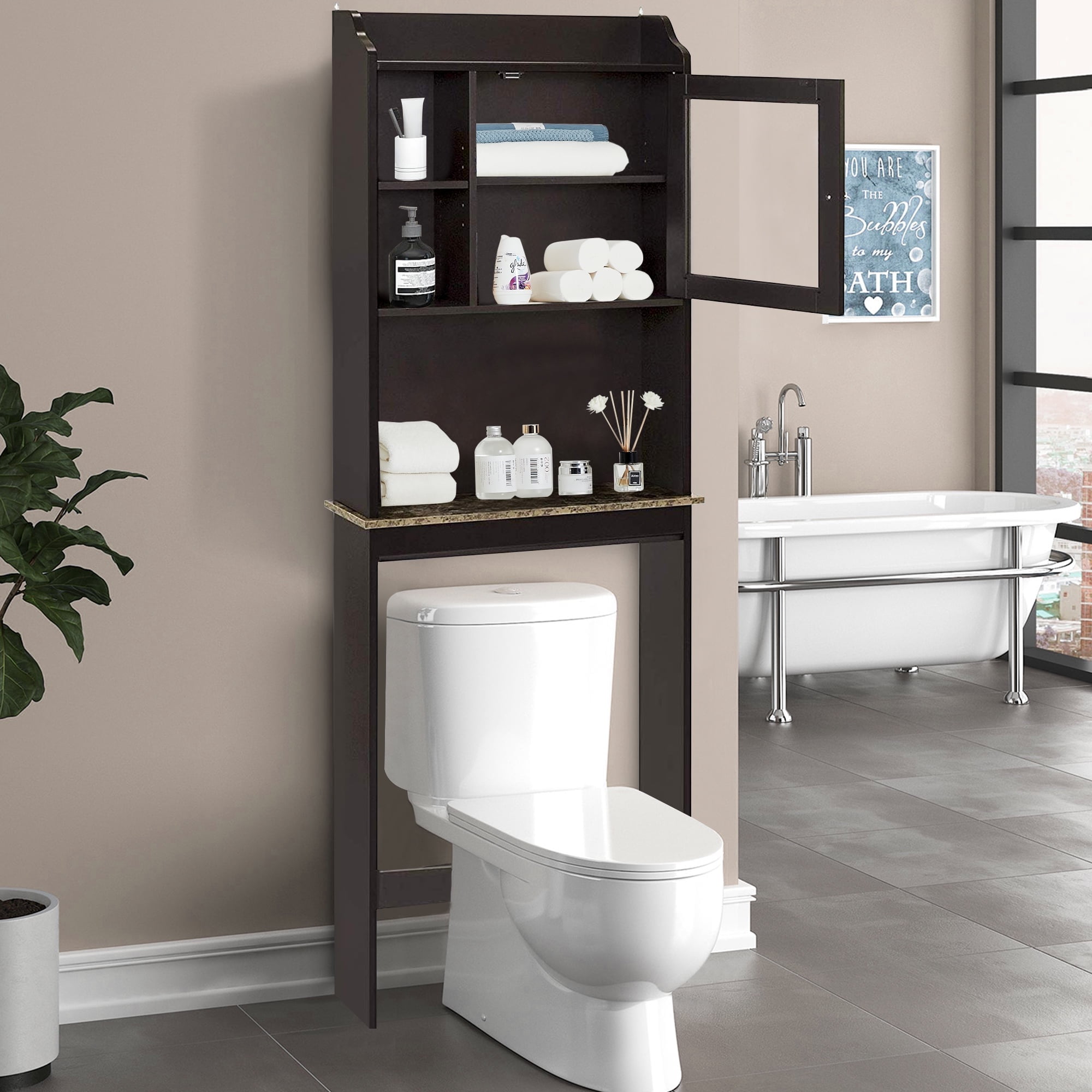 PAPROOS Over the Toilet Storage Cabinet, Bathroom Space Saver Organizer above Toilet with Adjustable Shelf and Door, Espresso