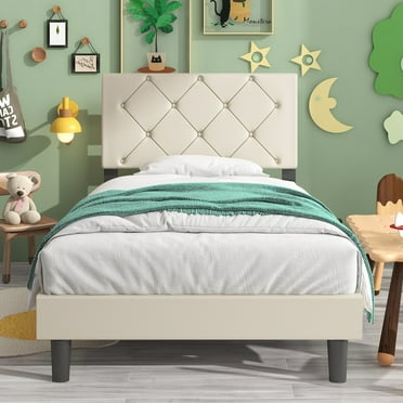 LEGAHOME Upholstered Faux Leather Platform Bed, Twin Size Bed Frame with Button Tufted Headboard, No Box Spring Needed, Modern Bedroom Twin Bed Frame for Kids Boys Girls, Holds 300lbs, Beige