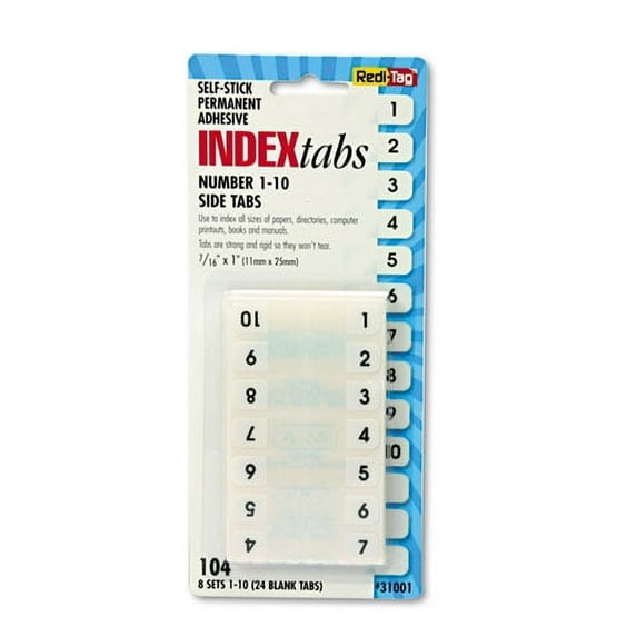 Legal Index Tabs, Preprinted Numeric: 1 to 10, 1/12-Cut, White, 0.44" Wide, 104/Pack | Bundle of 10 Packs