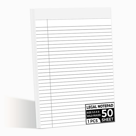 Legal Notepads 5.5 x 8" Perforated Wide Ruled Writing Pad, White Note Pads 5.5 x 8"" In 1 Pcs Notepads White Lined Paper 30 Sheets Per Writing Pad, Made in the USA