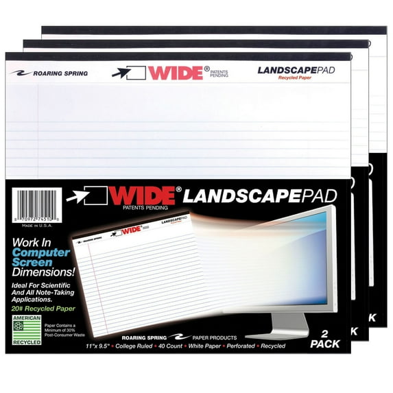 Legal Pad Landscape White, 2 Per Pack, 3 Packs