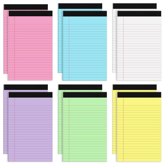 Legal Pads 5x8 College Ruled, 12 Pack 360 Sheets Colored Writing Pads, 6 Vibrant Colors for Office Notes, To-Do Lists, Journals, Easy Tear Off Perforated Design, Multicolor