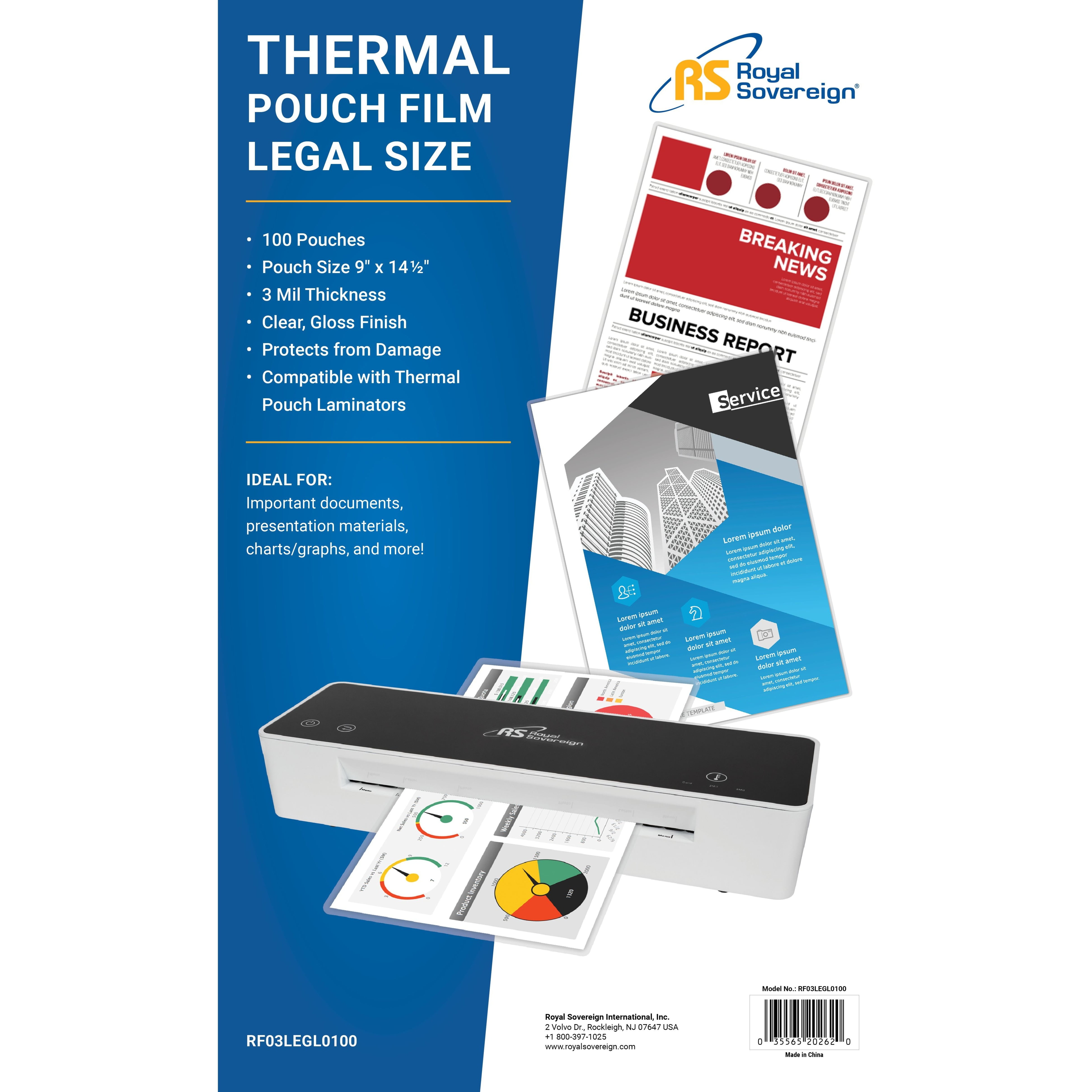 ROYAL SOVEREIGN "Legal Size - 9" x 14 1/2"- 3mil - 100 Pack - Thermal Laminating Pouches"