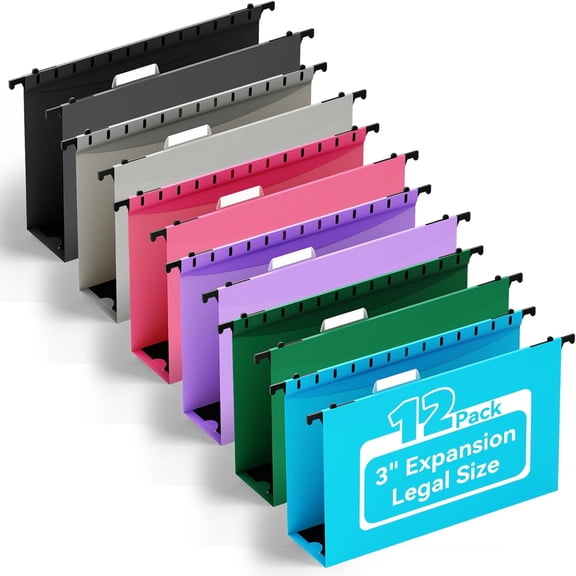 Legal Size Hanging File Folders Extra Capacity,Heavy Duty 3 Inch Expandable File Folders Hanging with Tabs,12 Pack Hanging File Organizer,File Cabinet Folders with Insertable Tabs for School