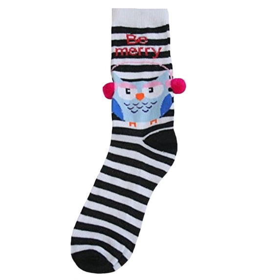 Legale Women's Black & White Striped Christmas Socks with Owl - 9-11