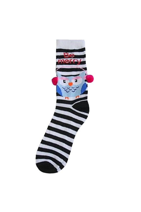 Women's Black & White Striped Christmas Socks with Owl - 9-11