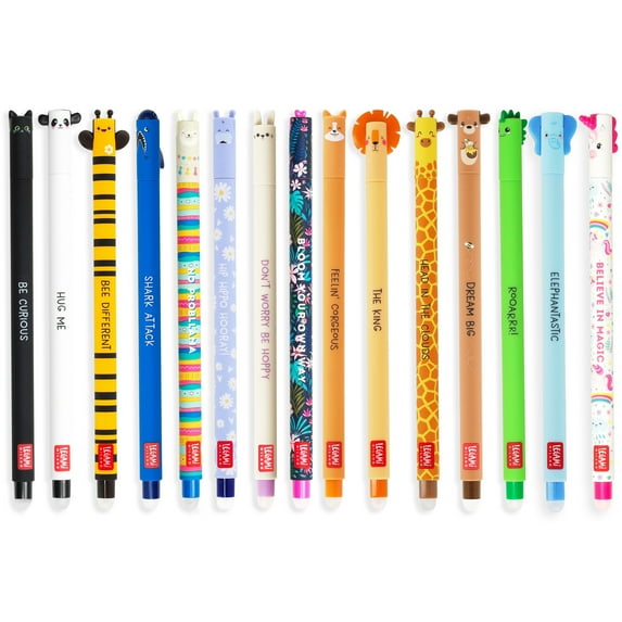Legami Erasable Gel Pen - 0.7mm - Animal Themed Barrels - Classic Set of 15