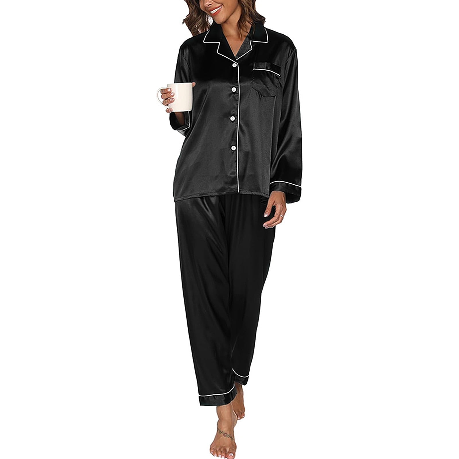 Valossie Women's Satin Pajama Set - 2 Piece Button Down Long Sleeve Sleepwear