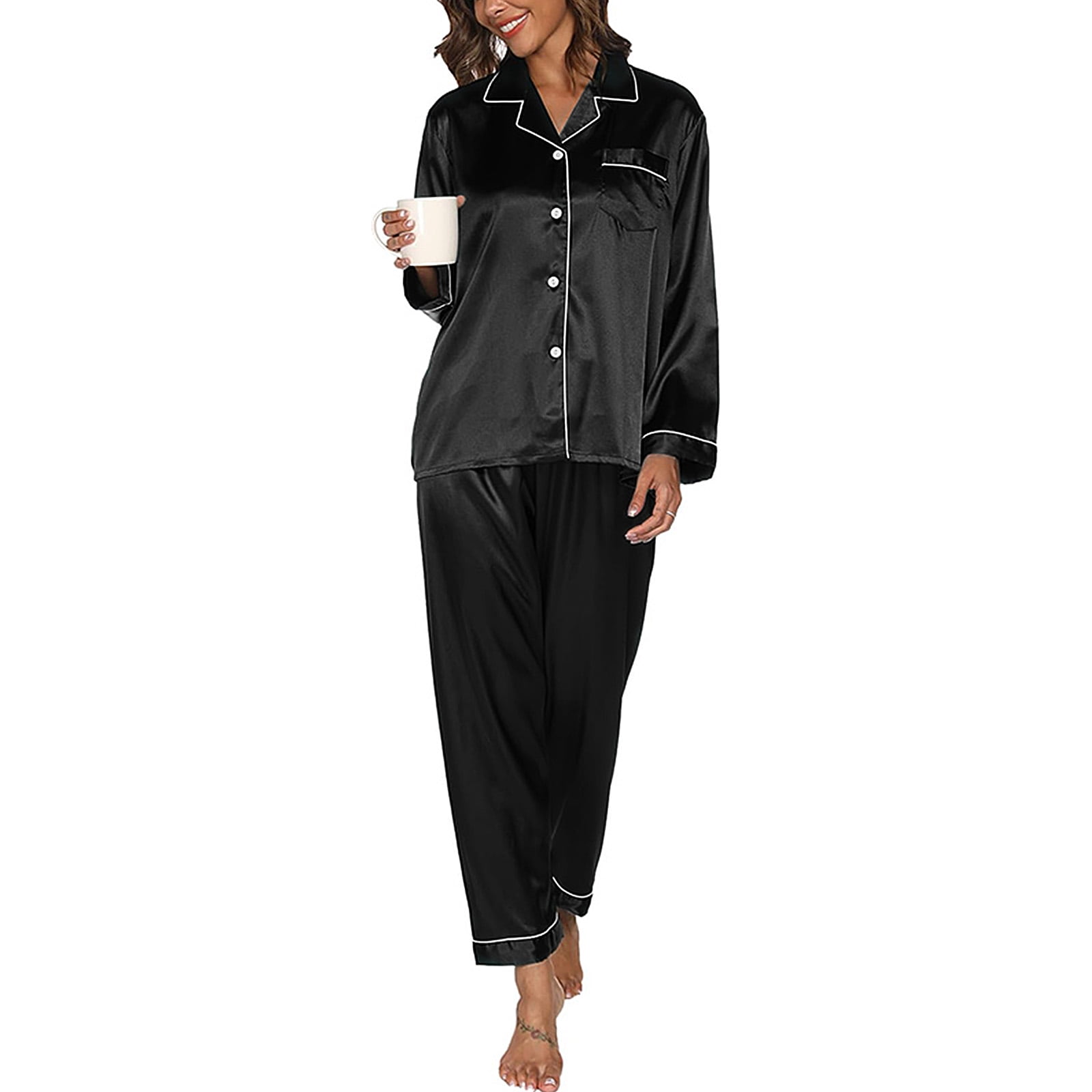 CaiDieNu Luxurious Women's Satin Pajama Set - 2PC Long Sleeve Button ...