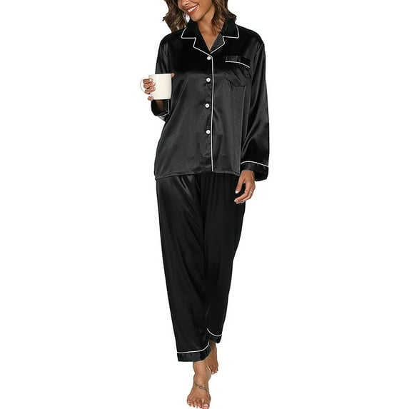 CaiDieNu Luxurious Women's Satin Pajama Set - 2PC Long Sleeve Button Down Loungewear with Pockets & Soft Short Sleeve Nightwear Pants, Perfect Sleepwear for Comfort & Style