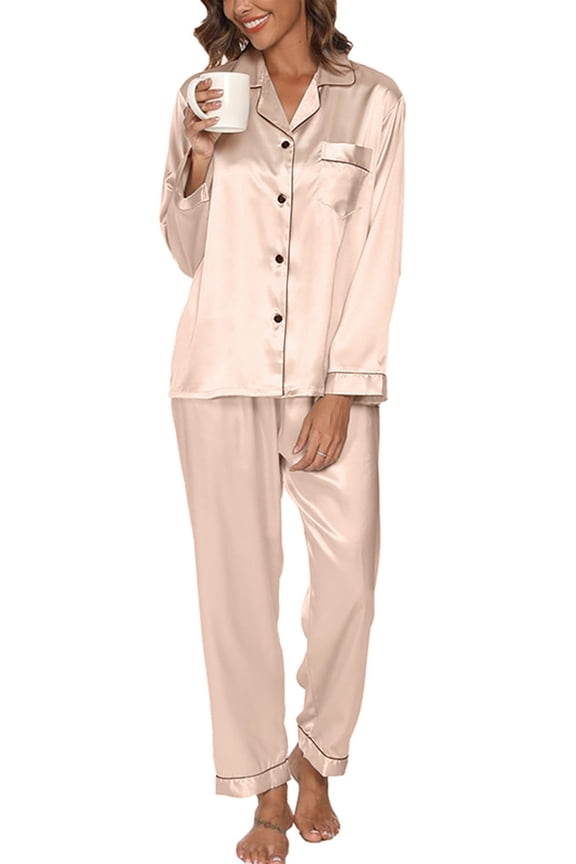 Luxurious Women's Satin Pajama Set - 2PC Long Sleeve Button Down Loungewear with Pockets & Soft Short Sleeve Nightwear Pants, Perfect Sleepwear for Comfort & Style