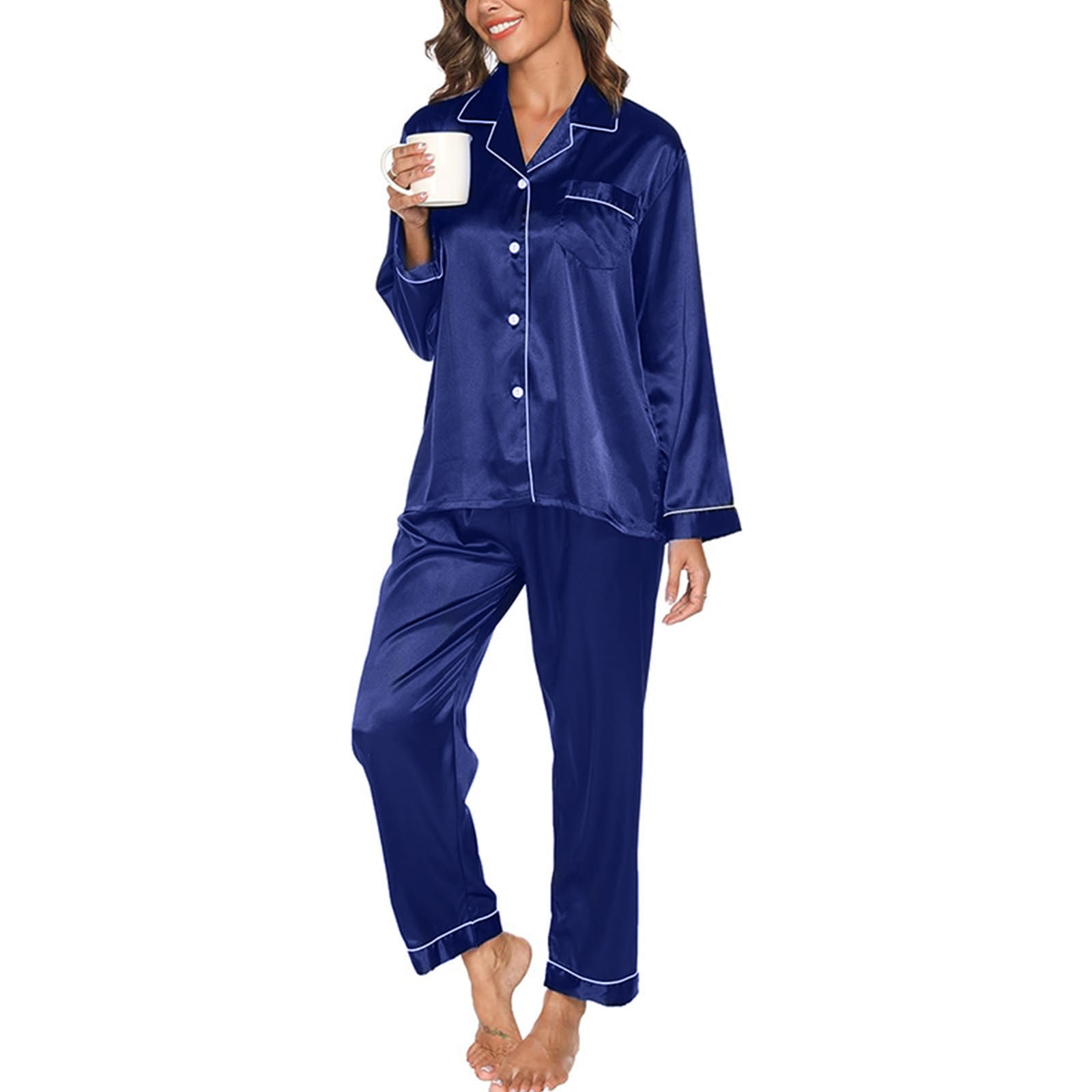 CaiDieNu Luxurious Women's Satin Pajama Set - 2PC Long Sleeve Button ...