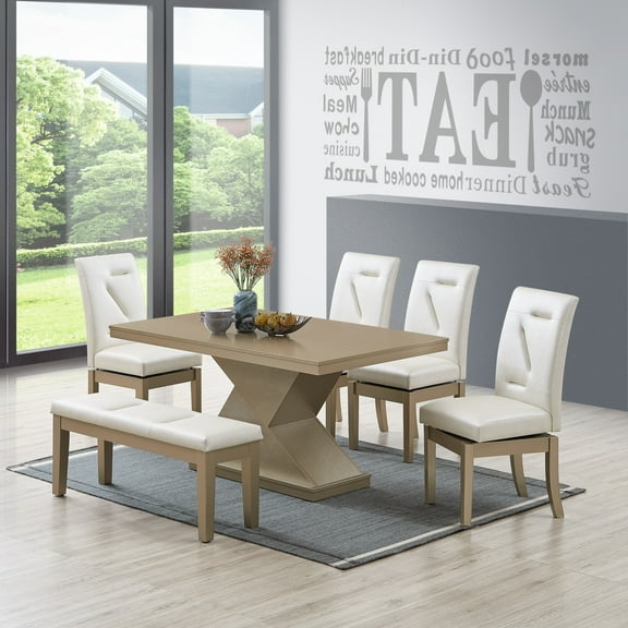 Legault 6 Piece Pedestal Dining Set, White Vinyl & Gold Wood