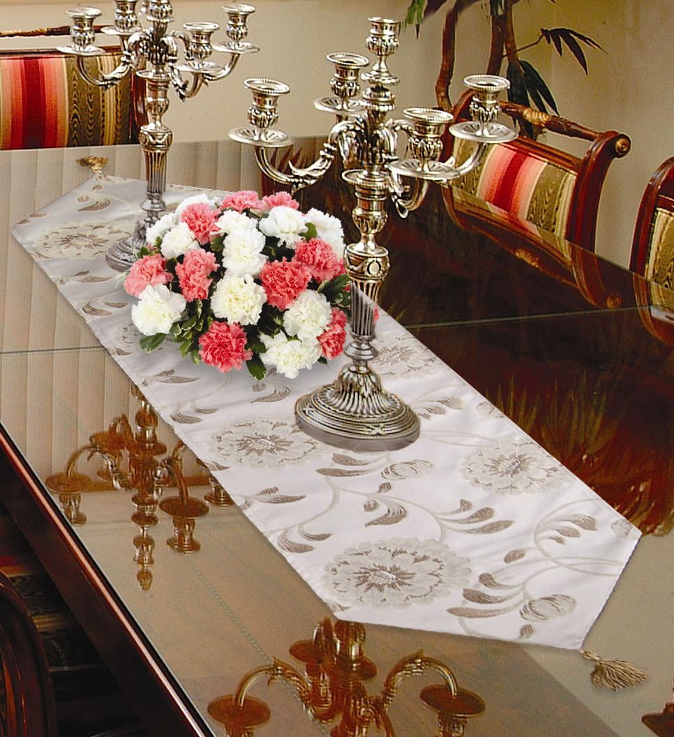 Beige Damask Floral Cotton Polyester Table Runner 13" x 70"