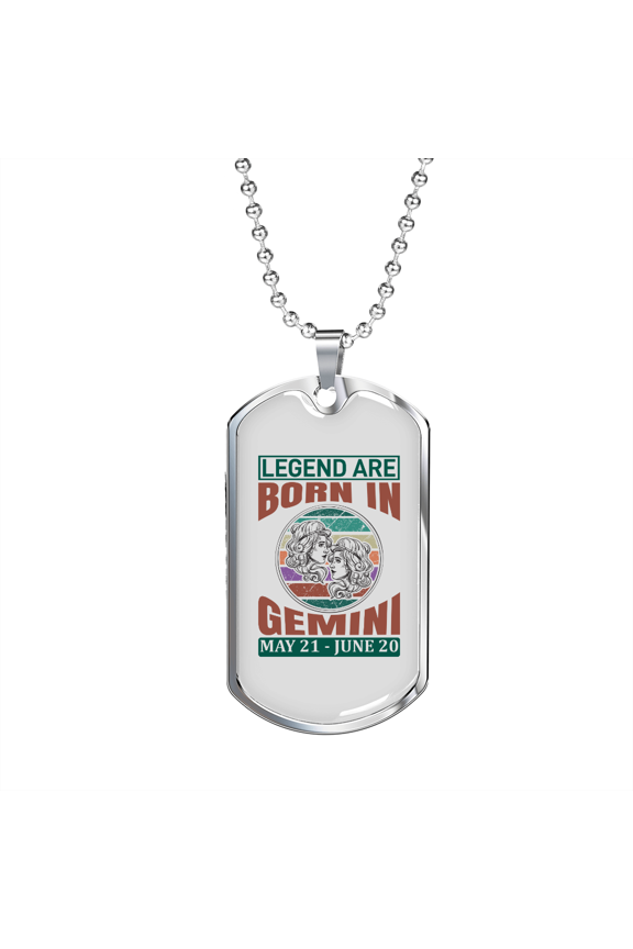 Legend Are Born in Gemini Zodiac Dog Tag Necklace Stainless Steel 24" Chain Silver Tone or Gold Tone