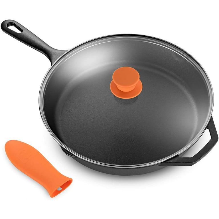 Pre-Seasoned Cast Iron Skillet 10-Inch, 12-Inch W/Glass Lid and silicone  Handle