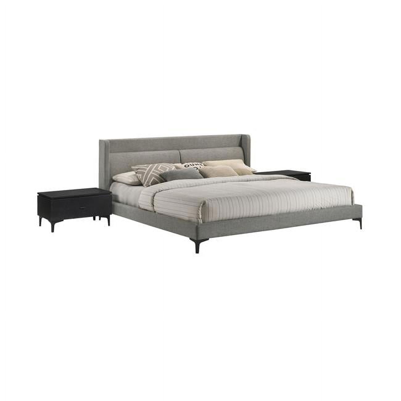 Gray Fabric King Platform Bed with Black Nightstands - 3 Piece Set