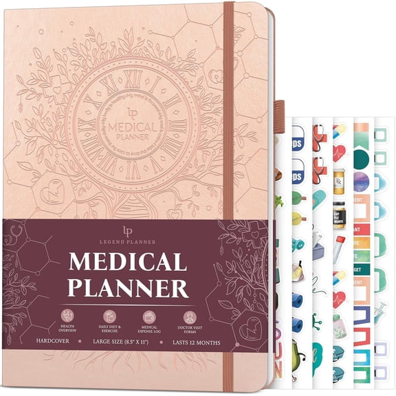 Legend Medical Planner  12-Month Health Tracker Journal to Track Meals, Symptoms, Blood Pressure, Lab Test Results  Med & Wellness Notebook for Daily Self-Care & Health Goals (Rose Gold)