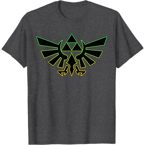 Legend Of Zelda Hyrule Crest Triforce Neon Outline DTG Print Unisex T-Shirt,Dark Heather Grey Color,Size 2XL