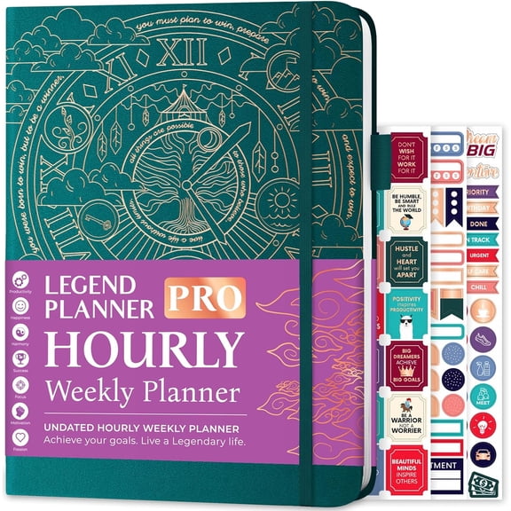 Legend Planner PRO Hourly Schedule Edition - Undated Deluxe Weekly & Daily Organizer with Time Slots. Time Management Appointment Book Journal for Work & Personal Life, A4 Size Hardcover - Dark Teal