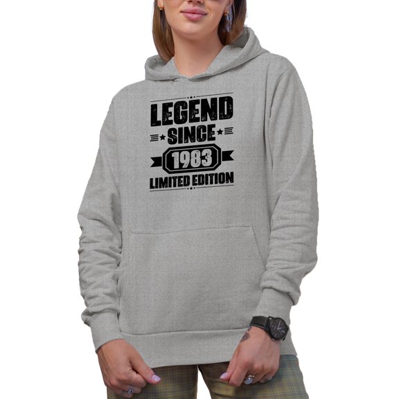 Legend Since 1983, 80s Birthday or Bday Celebrant, Heather Grey Hooded Sweatshirt or Hoodie, Medium