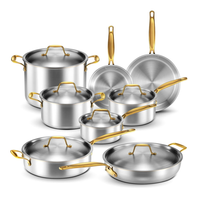 Tri-Ply Clad 14 Pc Stainless Steel Cookware Set with Glass Lids