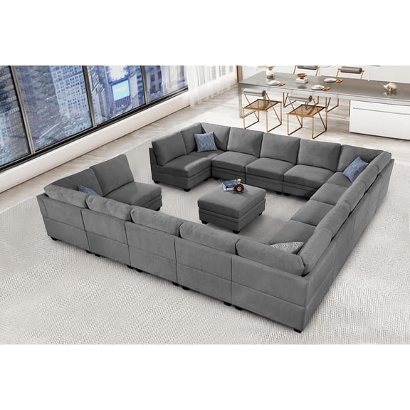 Legend Vansen Oversized Modular Sectional Sofa,16 Seat U Shaped Couch with Ottoman,Corduroy Sofa with Deep Seat,Convertible Large Sectional Couches for Living Room(Grey, U-16)