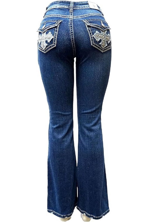 Legend Women's 70s Trendy Sexy Rhinestone Studded Flare Fitted High Waist Bell Bottom Denim Jeans
