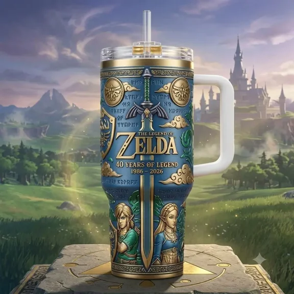 The Legend of Zelda 40 Years of Legend 40th Anniversary Personalized 40oz Tumbler With Handle and Straw, Stainless Steel Insulated Travel Cup, Reusable Gaming Drinkware Gift for Fans