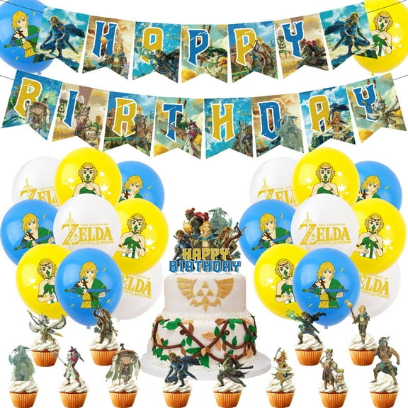The Legend of Zelda Birthday Party Decorations The Legend of Zelda Theme Birthday Party Supplies Include 1pc Happy Birthday Banner, 16pcs Balloons, 12pcs Cake Toppers and 1pc Cupcake Toppers