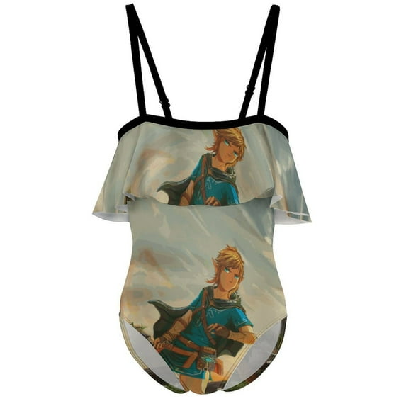 The Legend Of Zelda Breath of The Wild Children's Swimsuit Adjustable Off Shoulder Ruffle Swimwear One-piece Girls Kids Beach Bathing Suits 6-12 Years