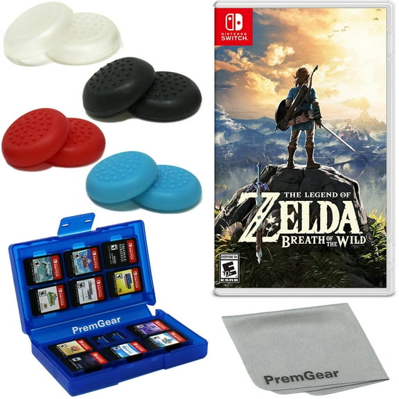The Legend of Zelda: Breath of the Wild for Nintendo Switch (Physical, US Version), with PremGear Thumb Grips (8 pack - 2 Black, 2 Blue, 2 Red & 2 Clear), 24 Slot Game Card Holder & Cleaning Cloth