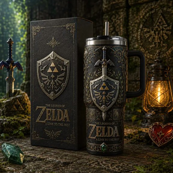 The Legend of Zelda A Link to the Past 40oz Tumbler with Handle & Straw, Triforce Hylian Shield Stainless Steel Vacuum Insulated Travel Mug, Zelda Gaming Cup, Gift for Fans