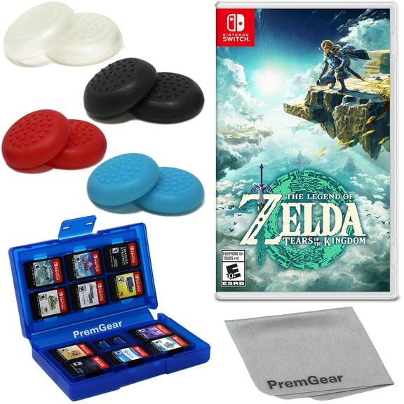 The Legend of Zelda: Tears of the Kingdom - Nintendo Switch (US Version), with PremGear Thumb Grips (8 pack - 2 Black, 2 Blue, 2 Red & 2 Clear), 24 Slot Game Card Holder & Cleaning Cloth