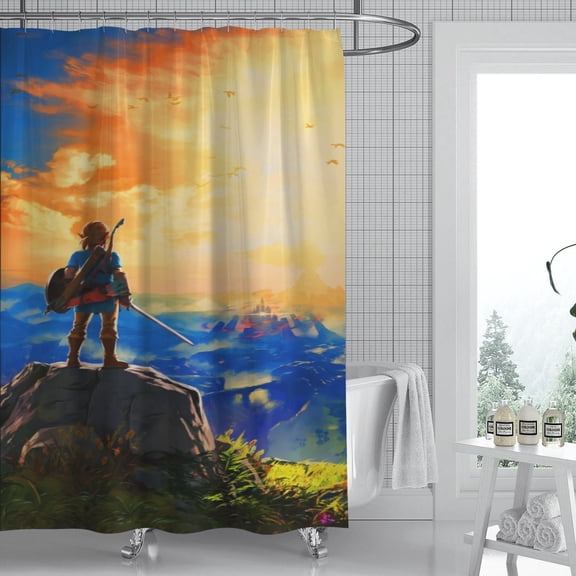 The Legend of Zelda shower curtain displays an eye-catching design, is waterproof, and easily installed, infusing your bathroom with personality and charm. Dimensions: 59" x 71" (150 x 180 cm).